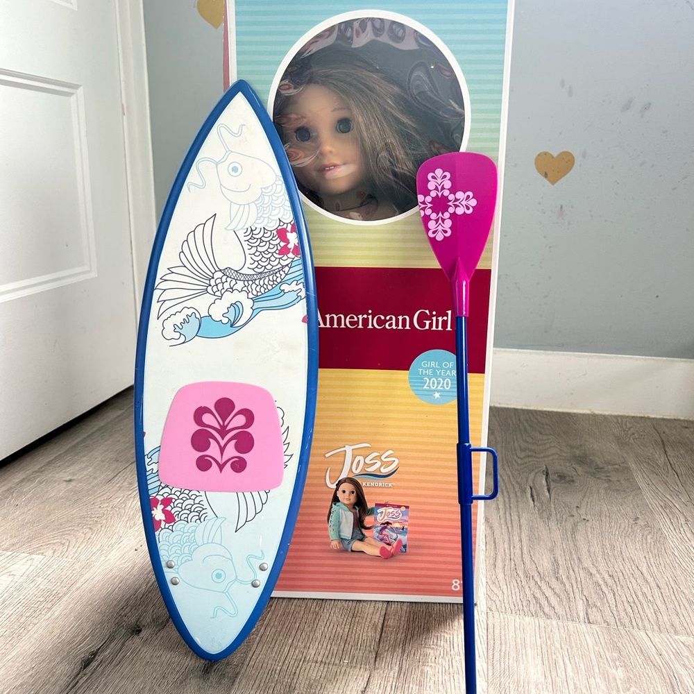 American girl doll Joss with surf board and paddle. Box included